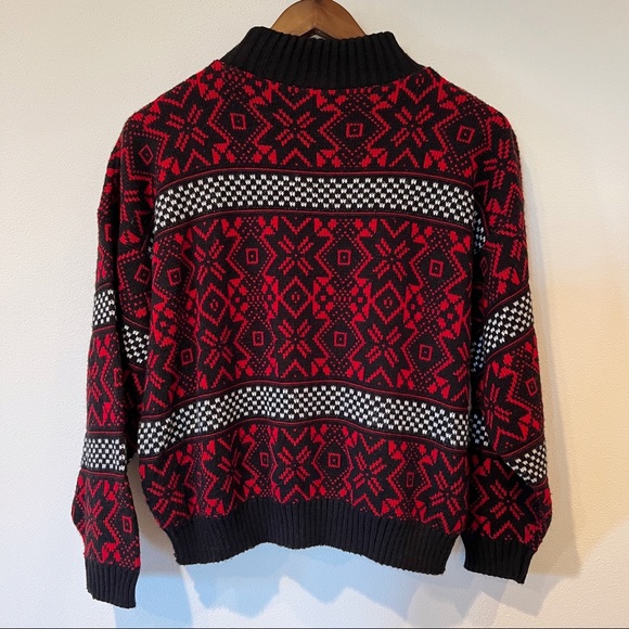 Vintage Sweaters - Vintage Starburst Snowflake Checkered Stripe Mock Neck Sweater
